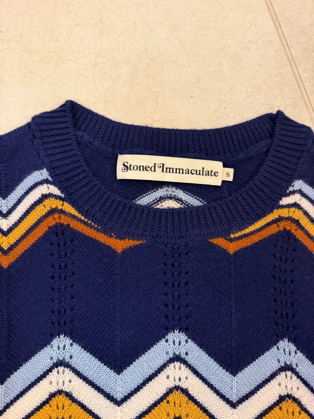Stoned Immaculate - Wool Chevron Knit Sweater - Navy + Mustard - Picture 2 of 4